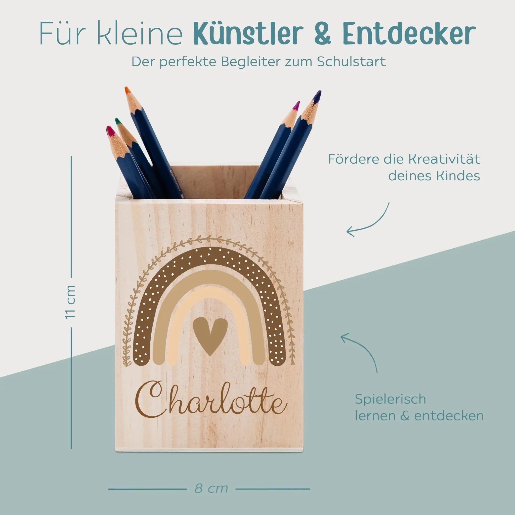 Stiftebecher Holz personalisiert - Regenbogen Boho beige Aquarell - wunderwunsch