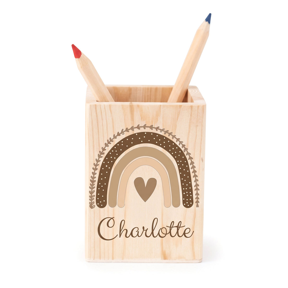 Stiftebecher Holz personalisiert - Regenbogen Boho beige Aquarell - wunderwunsch