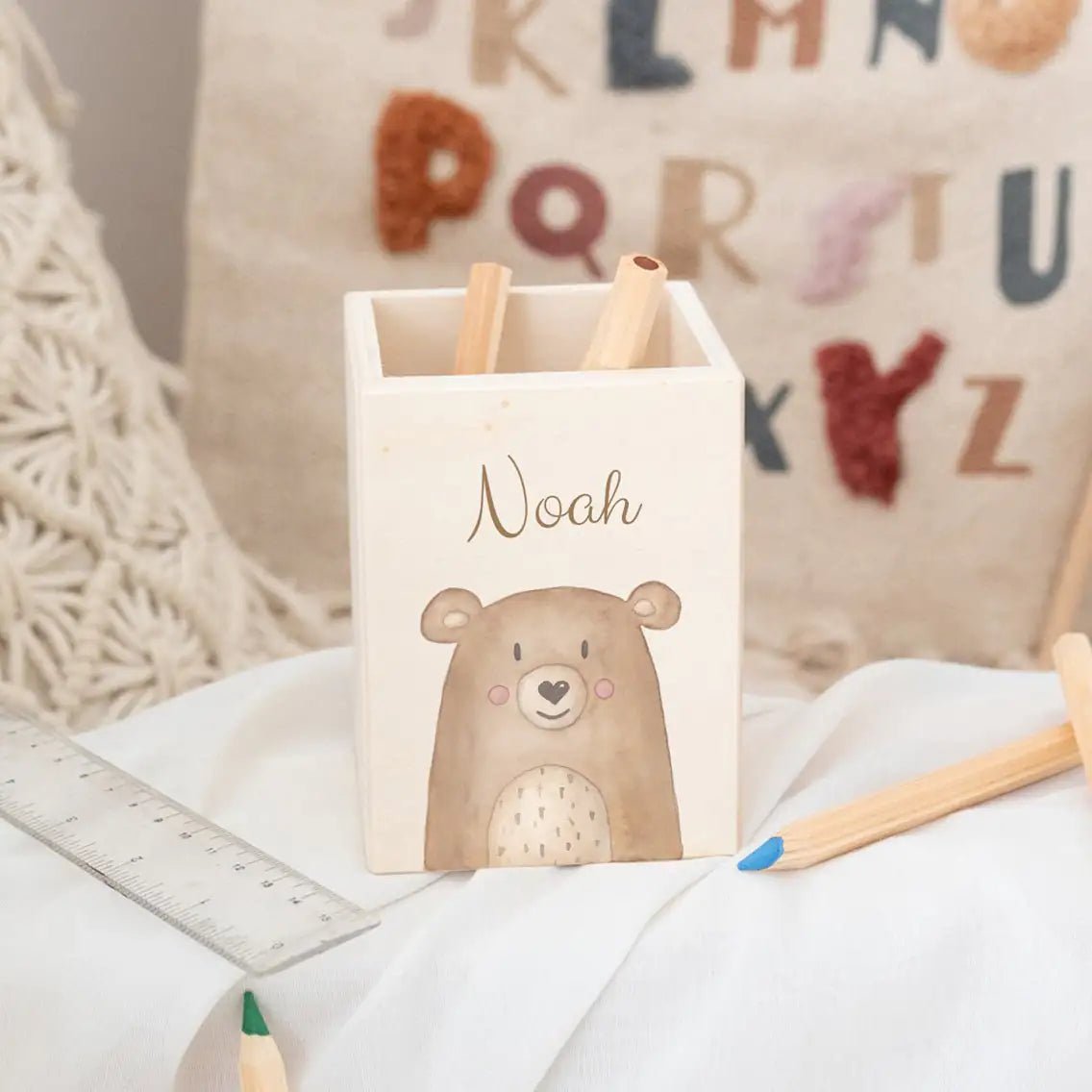 Stiftebecher Holz personalisiert - Tier Aquarell - wunderwunsch