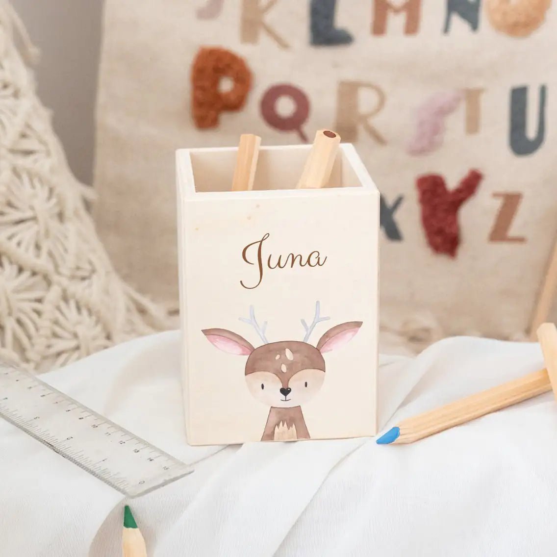 Stiftebecher Holz personalisiert - Tier Aquarell - wunderwunsch