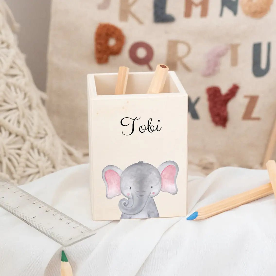 Stiftebecher Holz personalisiert - Tier Aquarell - wunderwunsch