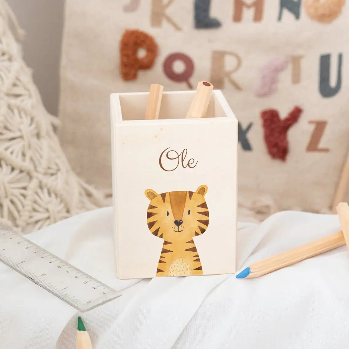 Stiftebecher Holz personalisiert - Tier Aquarell - wunderwunsch