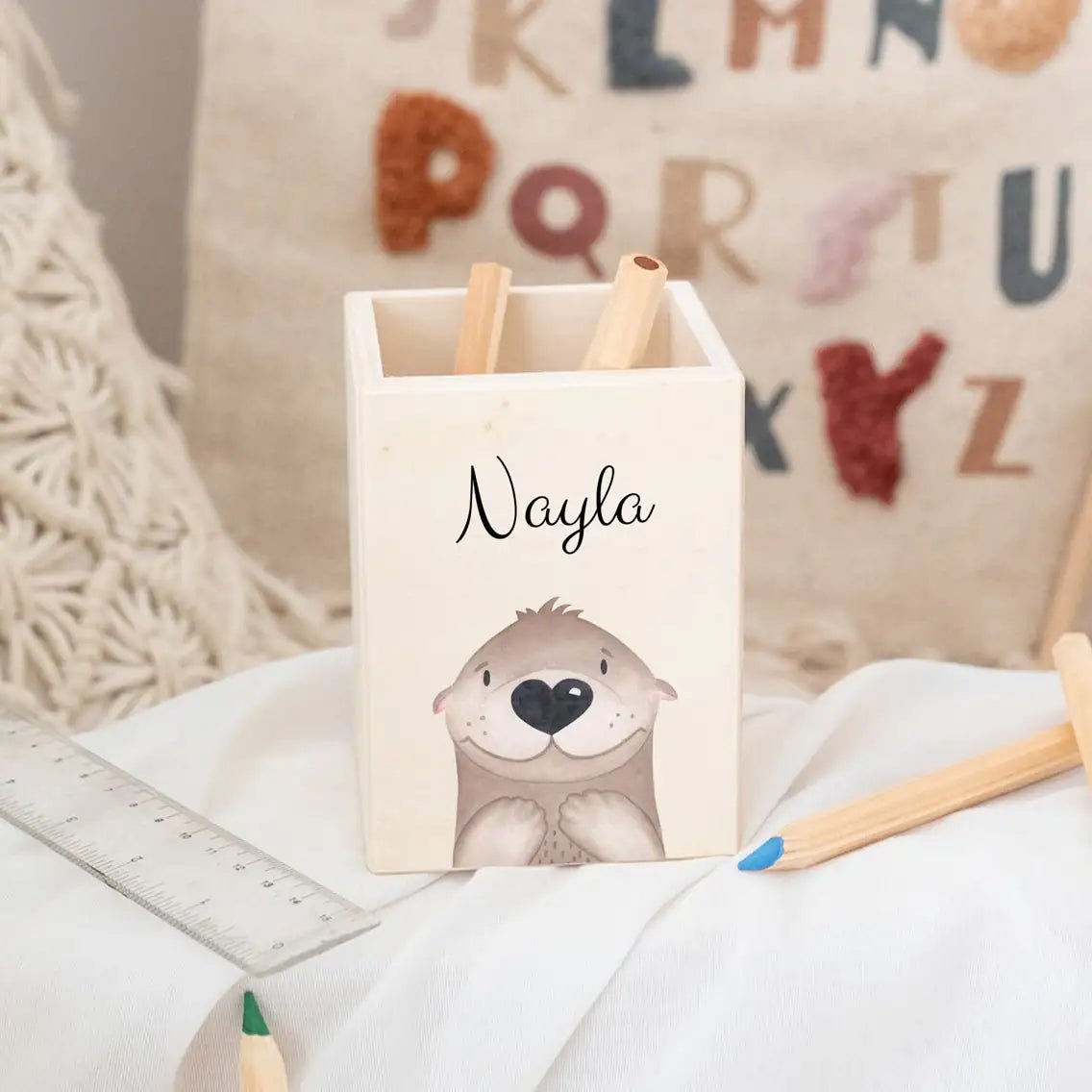 Stiftebecher Holz personalisiert - Tier Aquarell - wunderwunsch