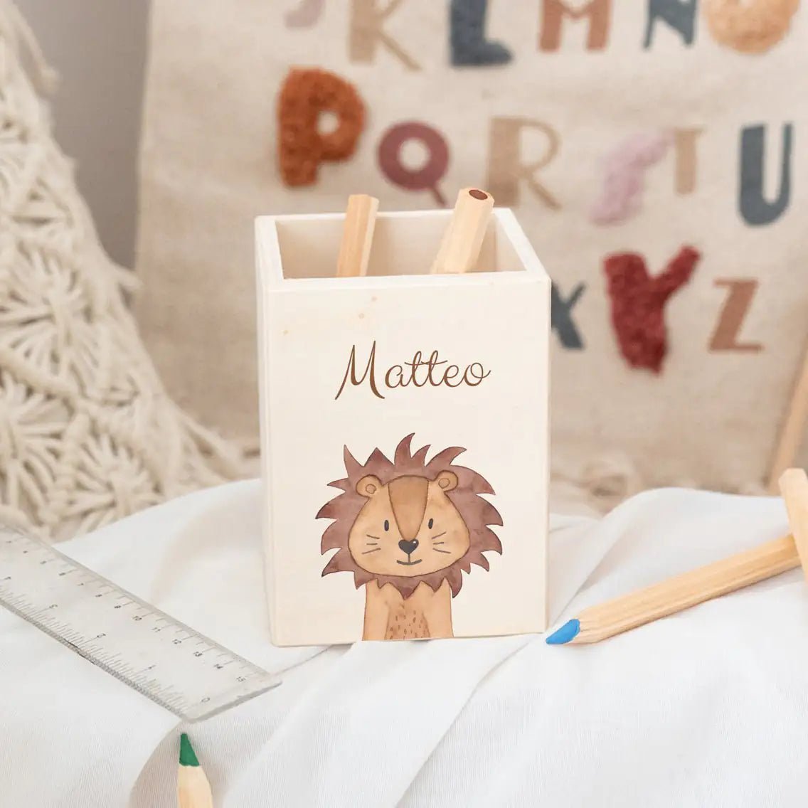 Stiftebecher Holz personalisiert - Tier Aquarell - wunderwunsch