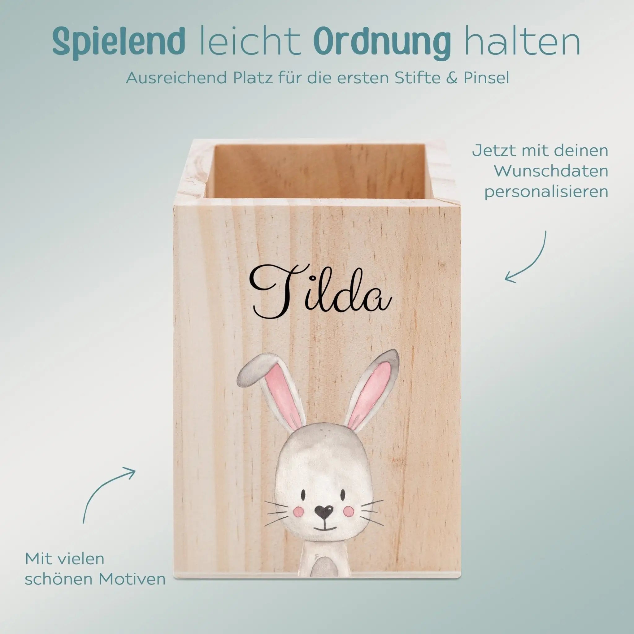 Stiftebecher Holz personalisiert - Tier Aquarell - wunderwunsch