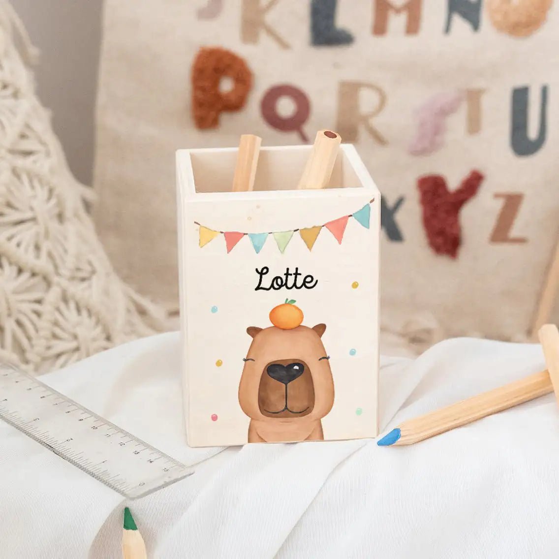 Stiftebecher Holz personalisiert - Tier Girlande Aquarell - wunderwunsch