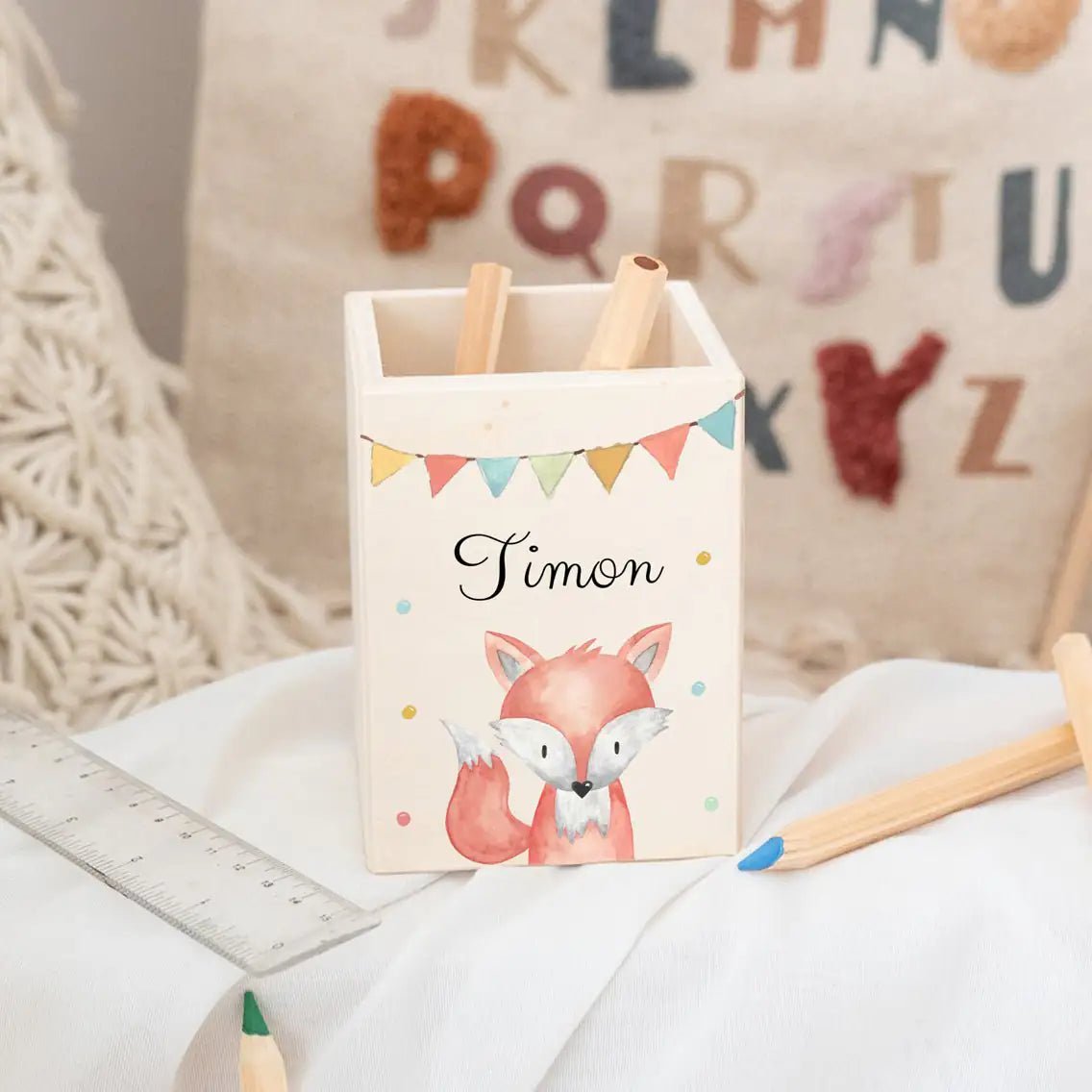 Stiftebecher Holz personalisiert - Tier Girlande Aquarell - wunderwunsch