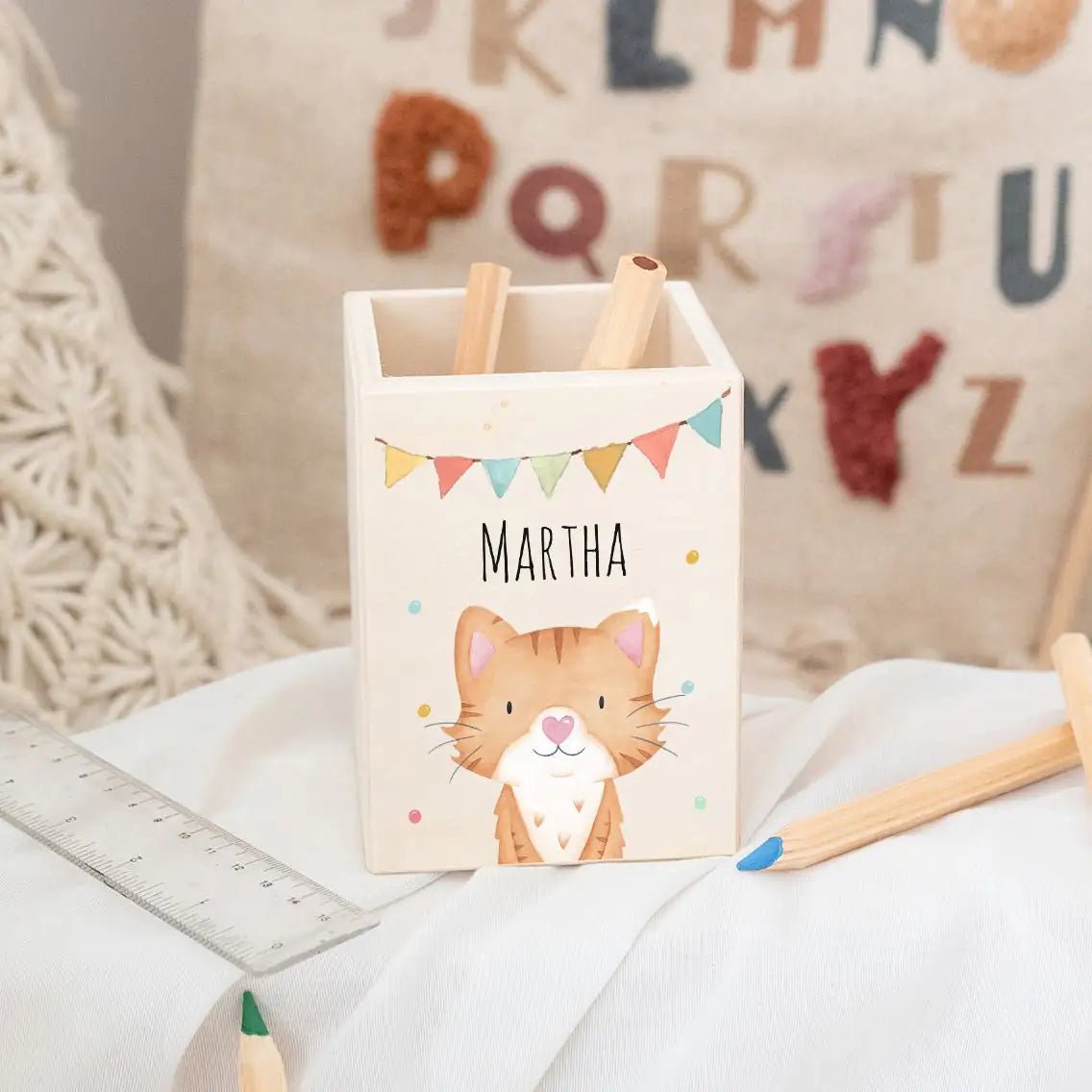 Stiftebecher Holz personalisiert - Tier Girlande Aquarell - wunderwunsch