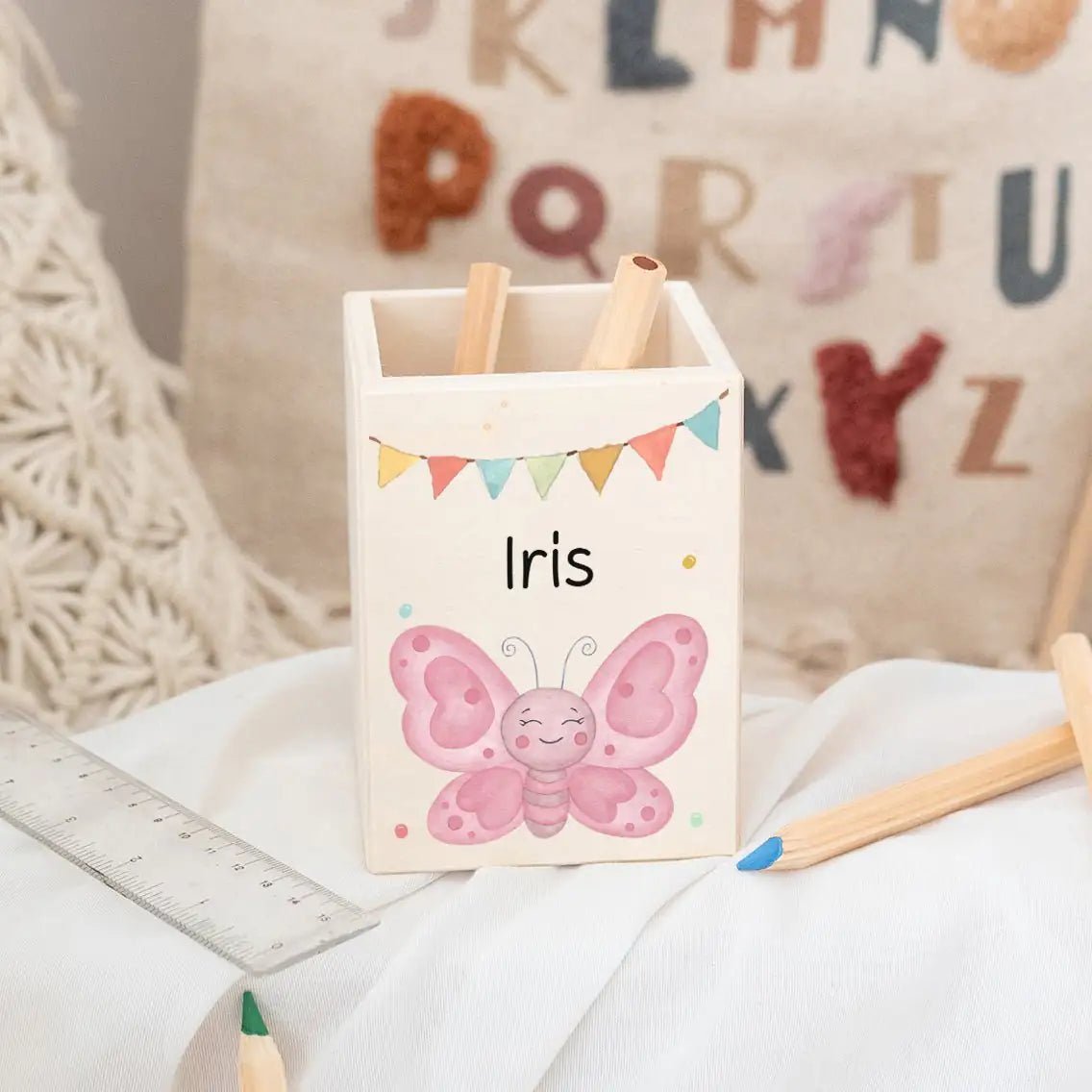 Stiftebecher Holz personalisiert - Tier Girlande Aquarell - wunderwunsch