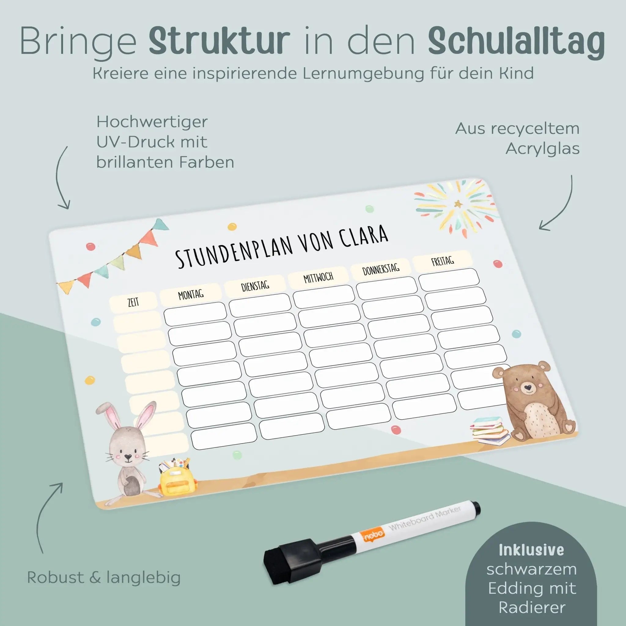 Stundenplan abwischbar personalisiert - Bär und Hase oder Dinos - wunderwunsch