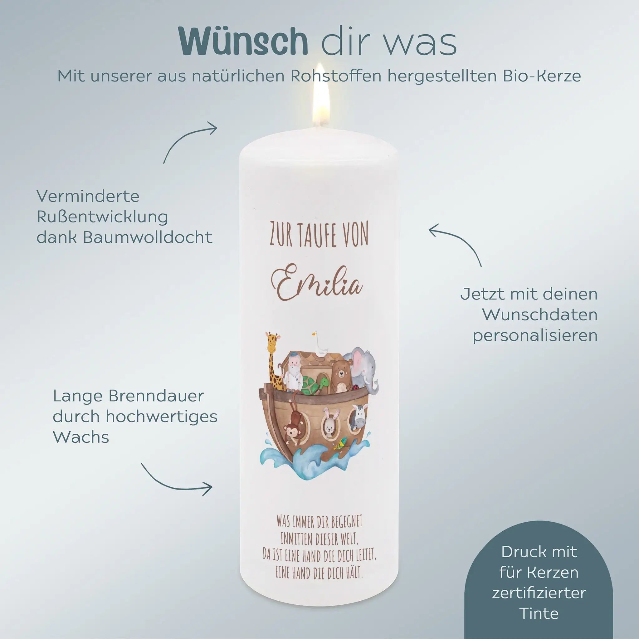 Taufkerze personalisiert - Arche Noah Tiere - wunderwunsch
