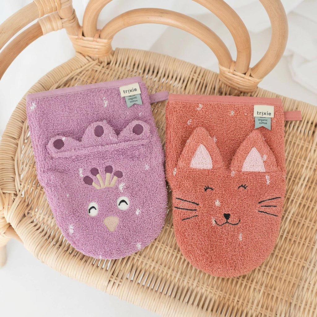 TRIXIE Baby Waschhandschuh 2er Set Katze & Pfau - wunderwunsch