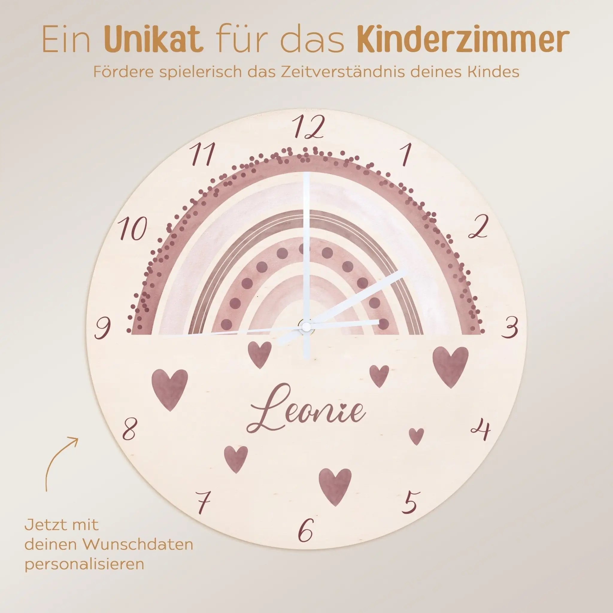 Wanduhr Kinder Holz personalisiert - Regenbogen Punkte Aquarell - wunderwunsch