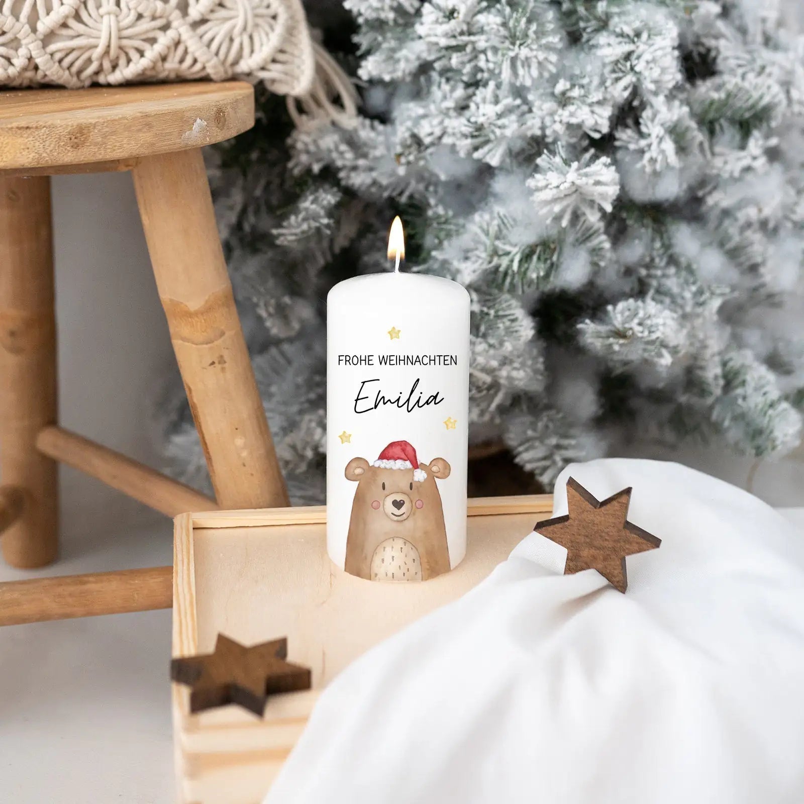 Weihnachtskerze personalisiert - Weihnachtsbär Aquarell - wunderwunsch
