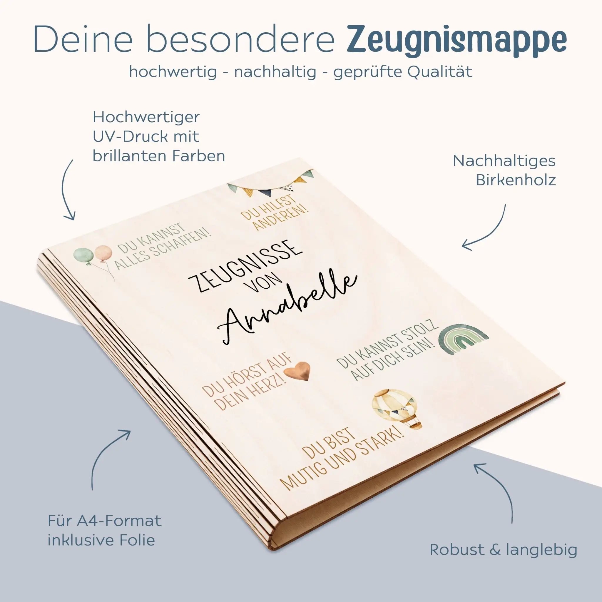 Zeugnismappe Holz personalisiert - Affirmationen Aquarell - wunderwunsch