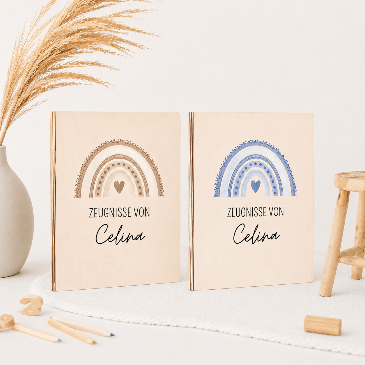 Zeugnismappe Holz personalisiert - Regenbogen Punkte Aquarell - wunderwunsch