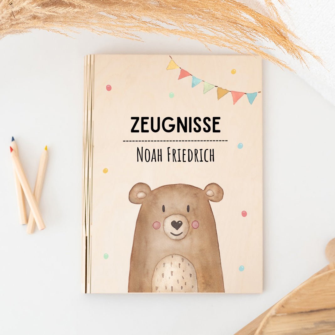 Zeugnismappe Holz personalisiert - Tier Girlande Aquarell - wunderwunsch