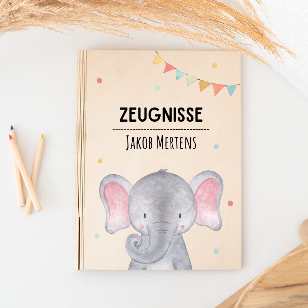 Zeugnismappe Holz personalisiert - Tier Girlande Aquarell - wunderwunsch