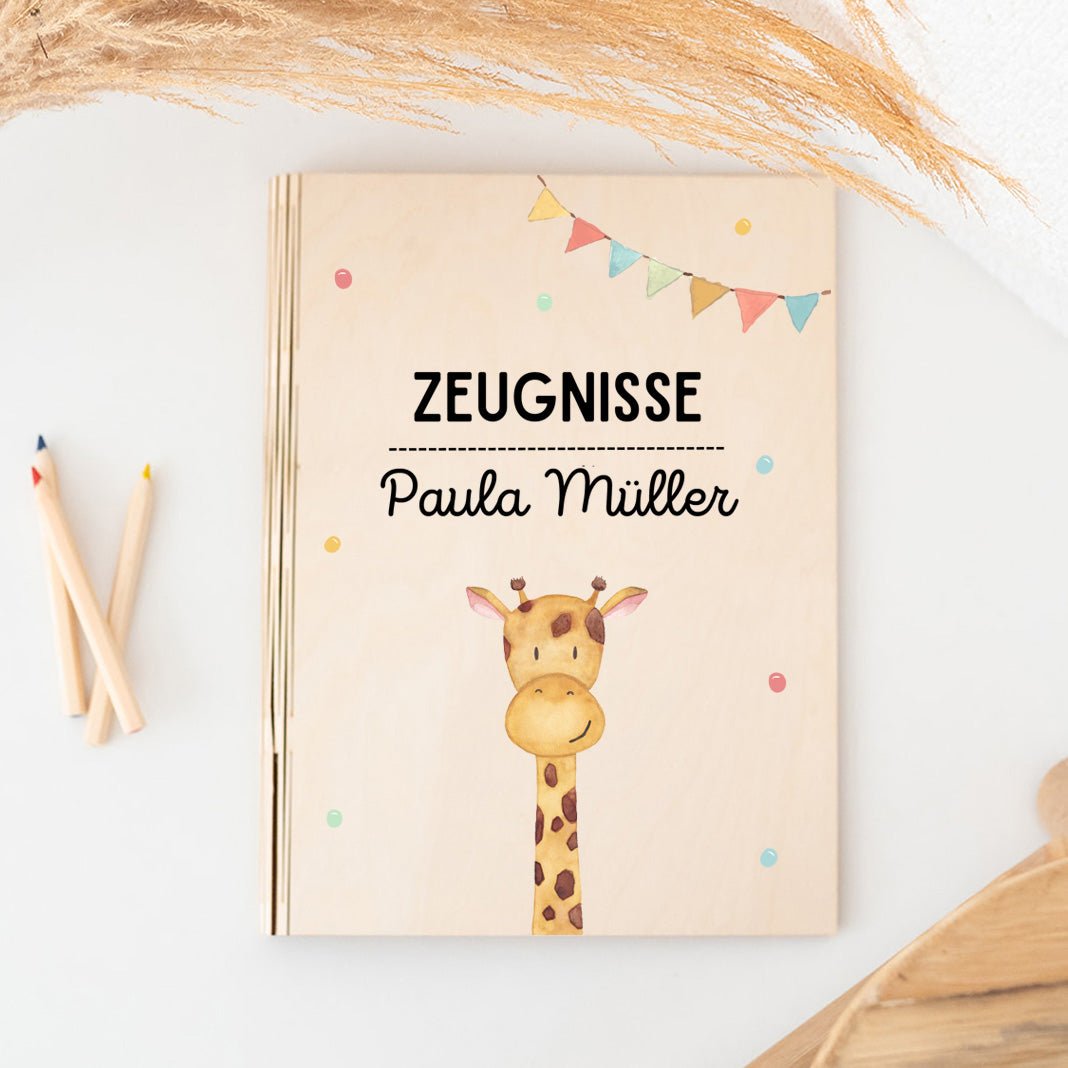 Zeugnismappe Holz personalisiert - Tier Girlande Aquarell - wunderwunsch