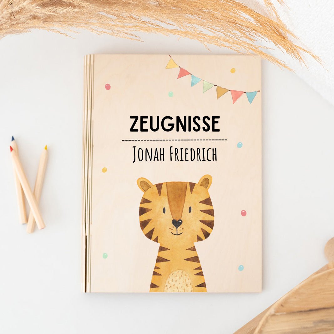 Zeugnismappe Holz personalisiert - Tier Girlande Aquarell - wunderwunsch