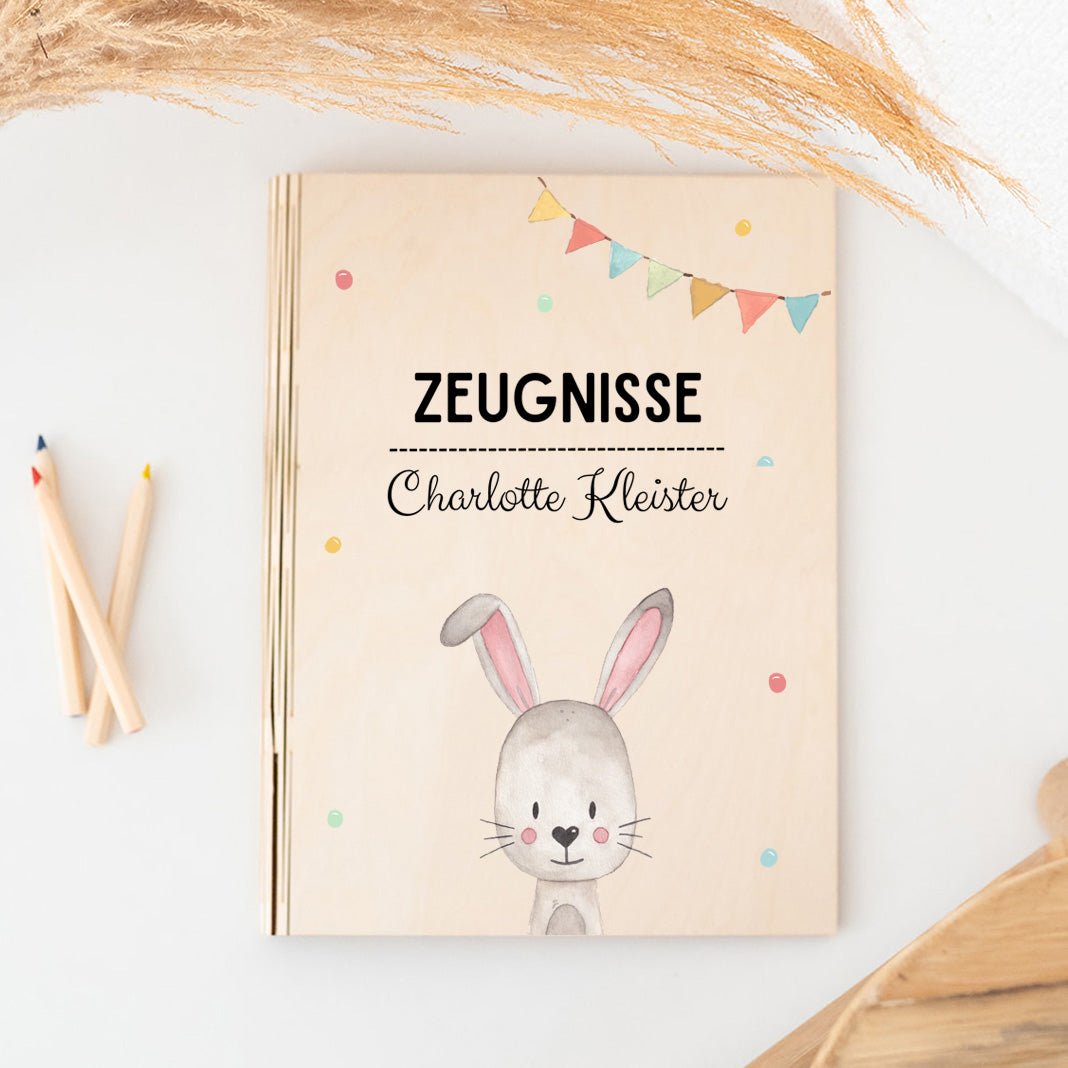 Zeugnismappe Holz personalisiert - Tier Girlande Aquarell - wunderwunsch