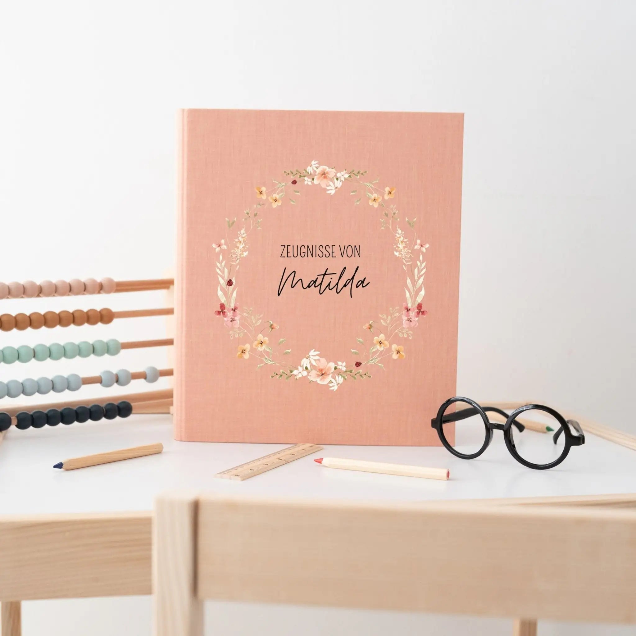 Zeugnismappe Stoff personalisiert - Blumenkranz Aquarell - wunderwunsch