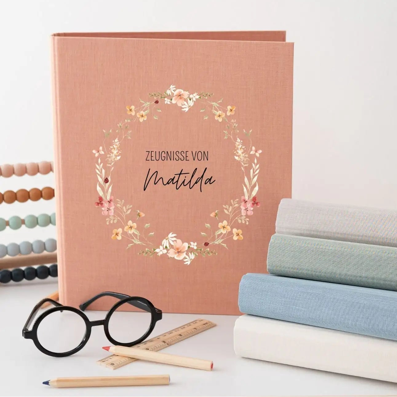 Zeugnismappe Stoff personalisiert - Blumenkranz Aquarell - wunderwunsch