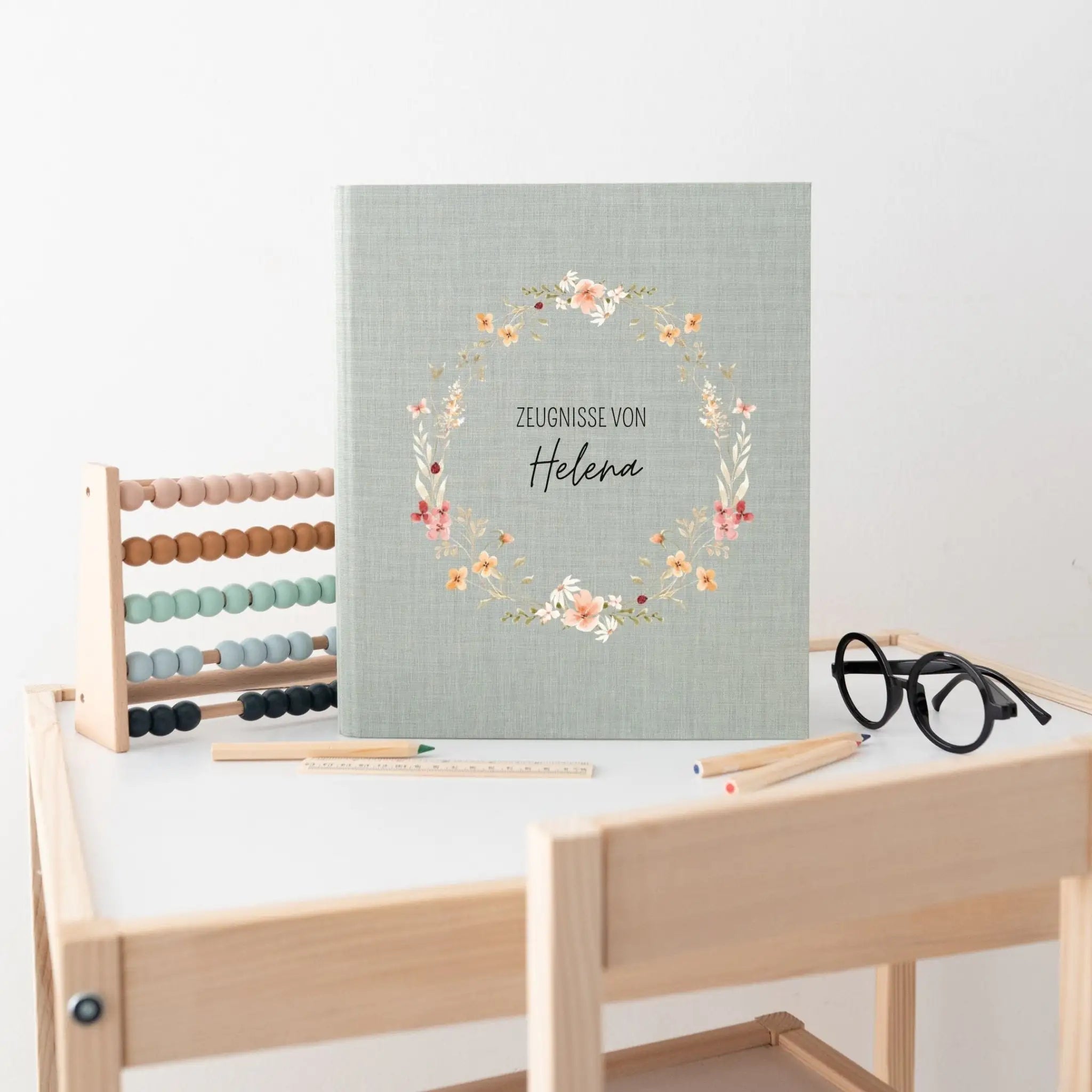Zeugnismappe Stoff personalisiert - Blumenkranz Aquarell - wunderwunsch