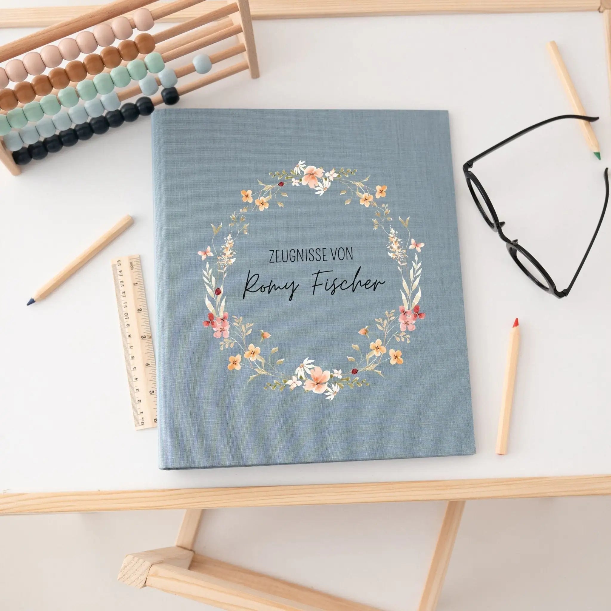Zeugnismappe Stoff personalisiert - Blumenkranz Aquarell - wunderwunsch