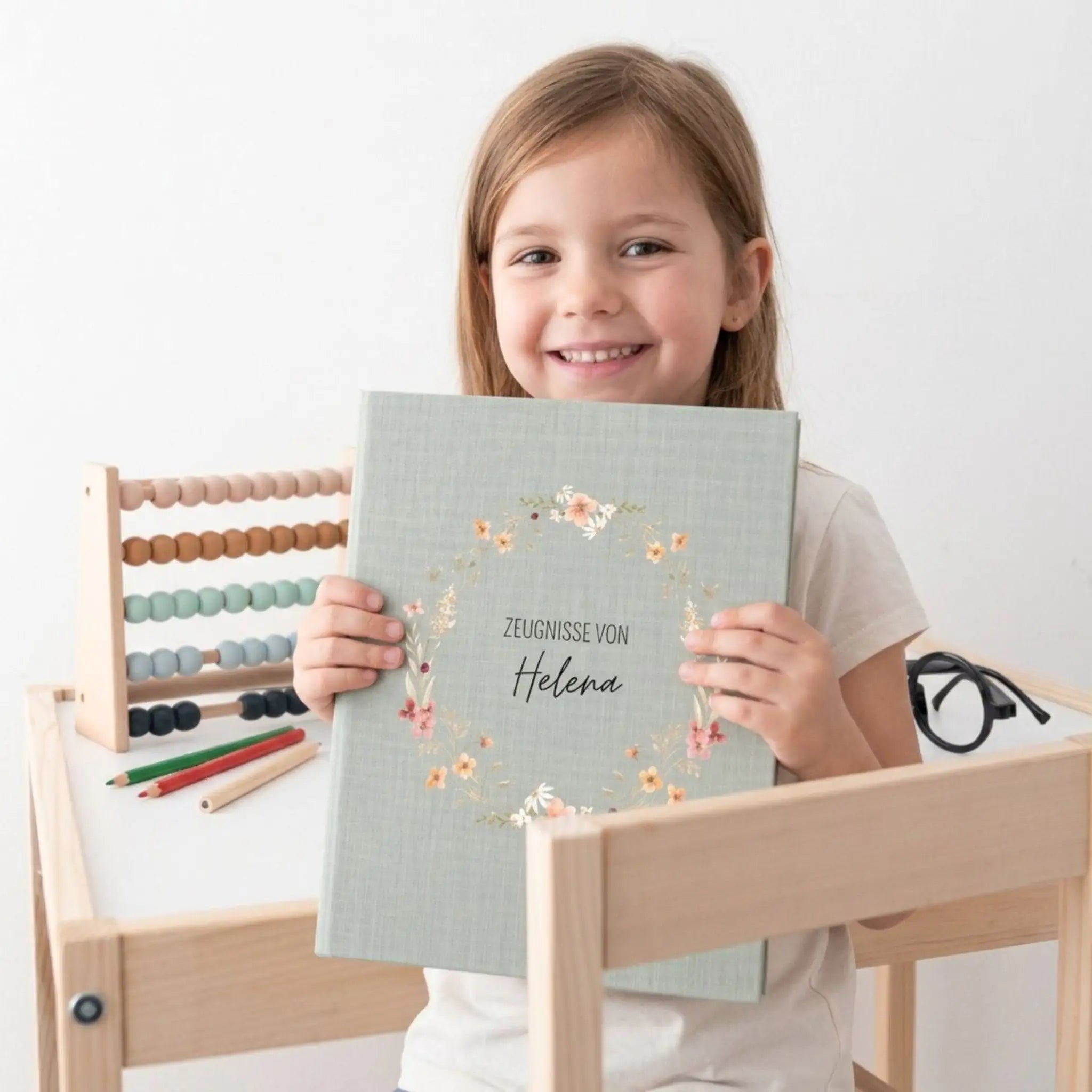 Zeugnismappe Stoff personalisiert - Blumenkranz Aquarell - wunderwunsch