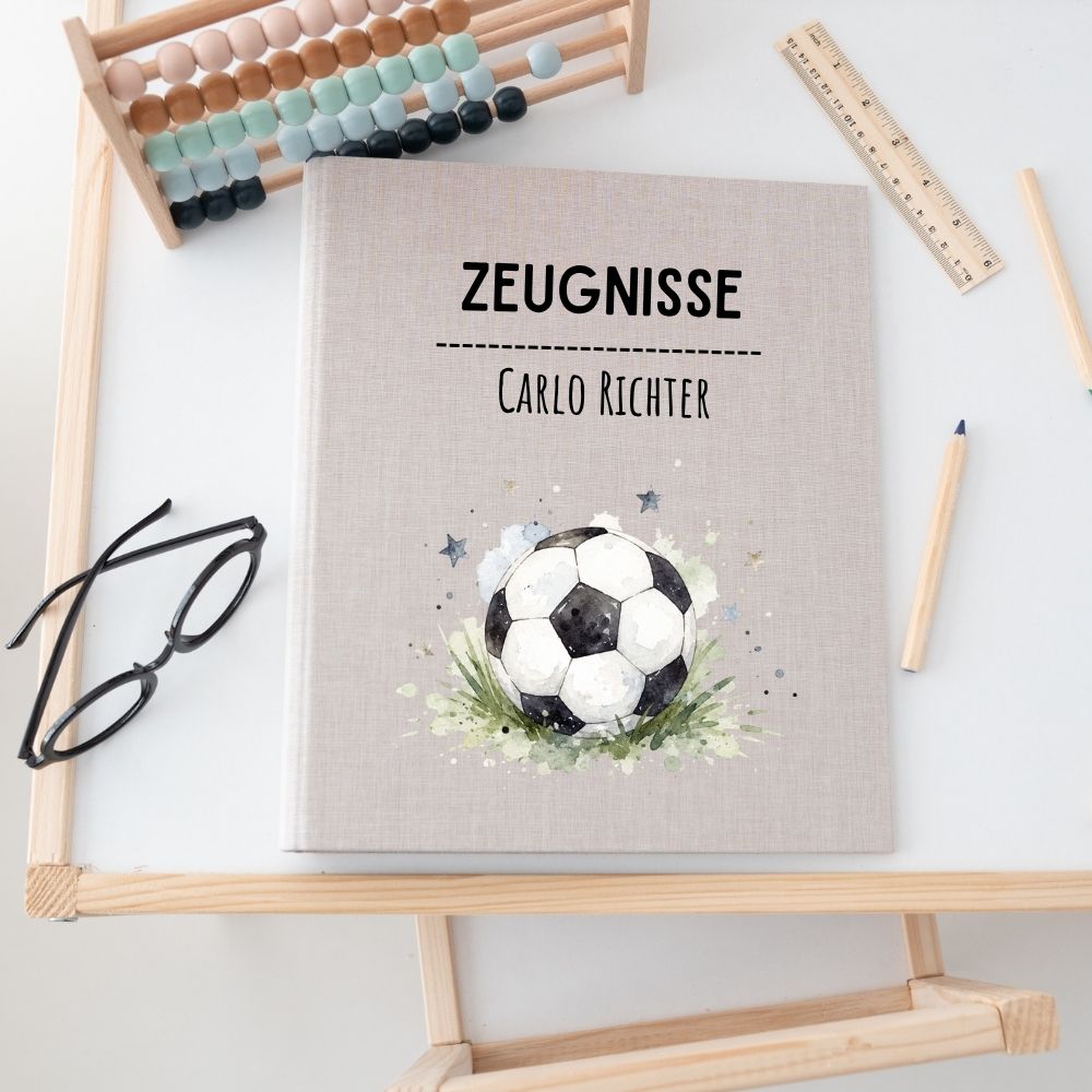 Zeugnismappe Stoff personalisiert - Fußball Aquarell - wunderwunsch