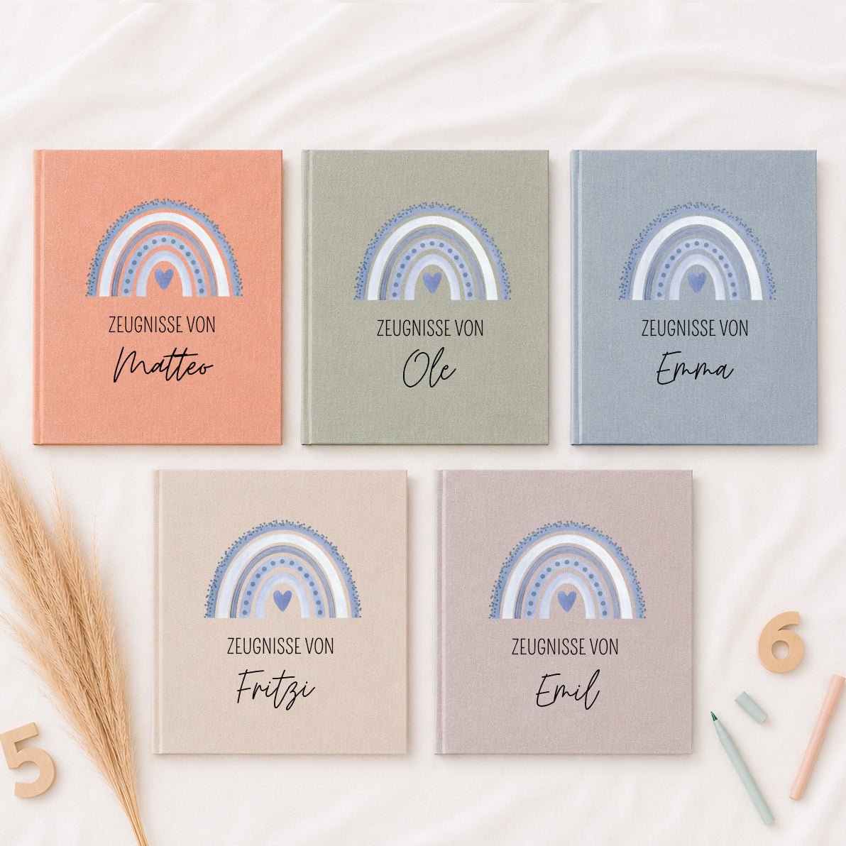 Zeugnismappe Stoff personalisiert - Regenbogen Aquarell - wunderwunsch