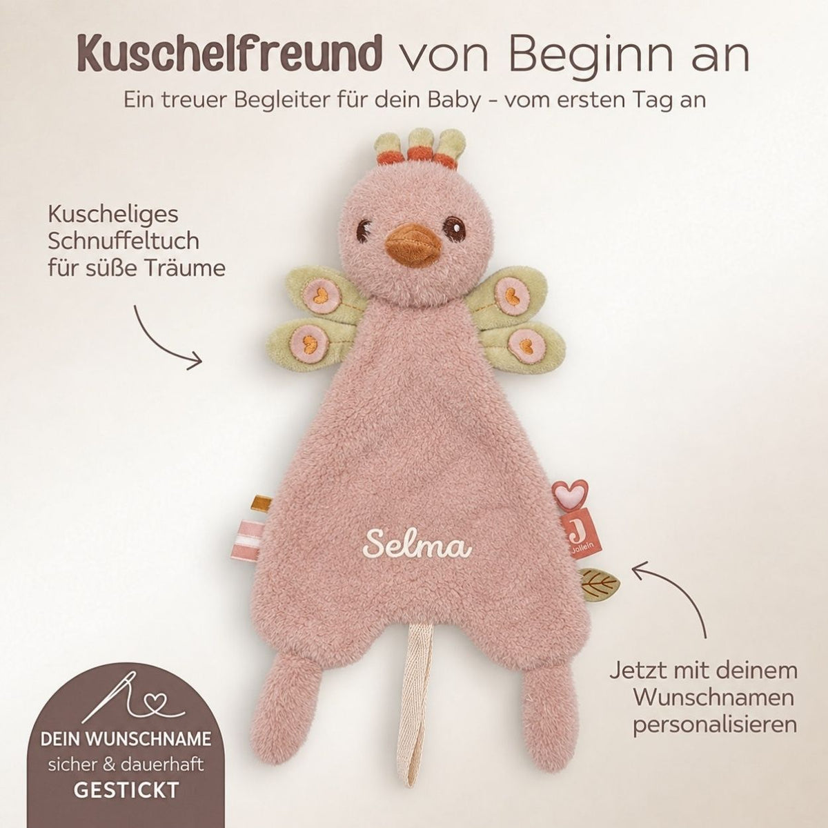 JOLLEIN Schmusetuch personalisiert - Schaf oder Strauß