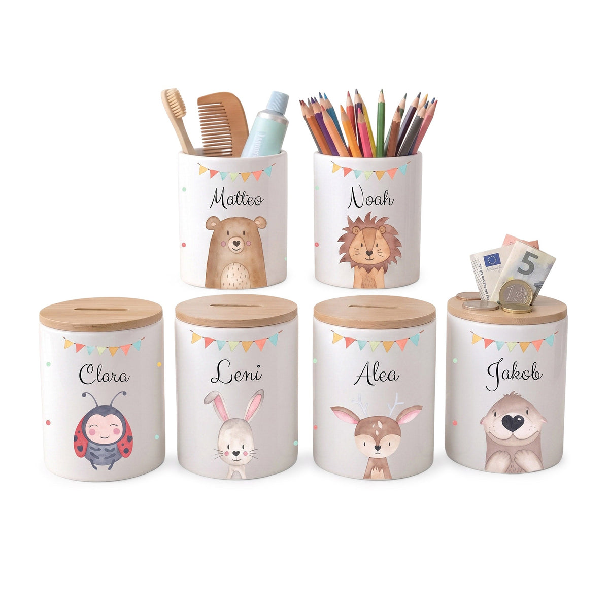 3 in 1 Spardose Keramik personalisiert - Tier Girlande Aquarell - wunderwunsch