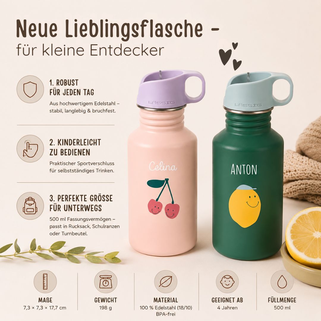 LÄSSIG Edelstahl Kinder Trinkflasche personalisiert - Happy Fruits