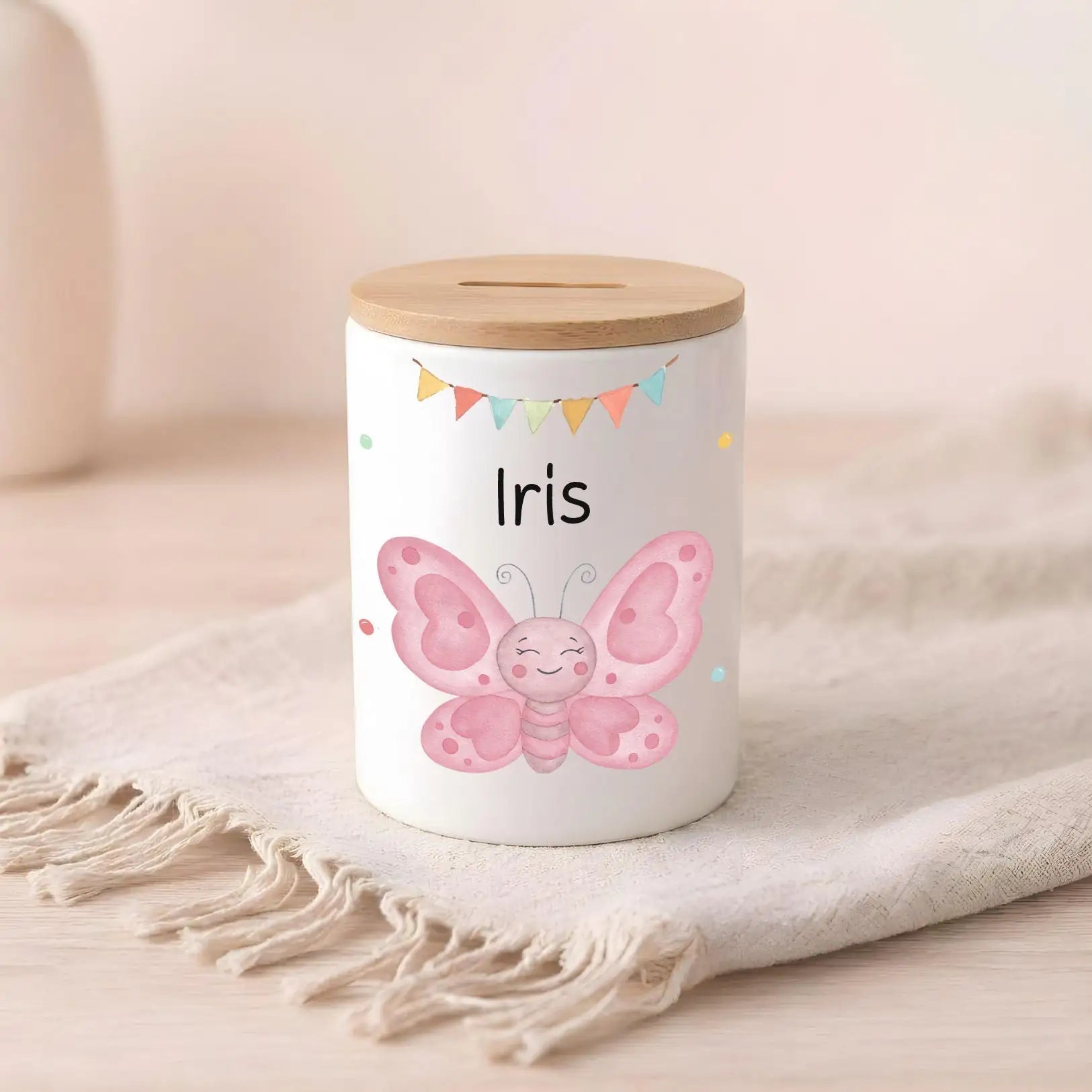 3in 1 Spardose Keramik personalisiert - Tier Girlande Aquarell - wunderwunsch