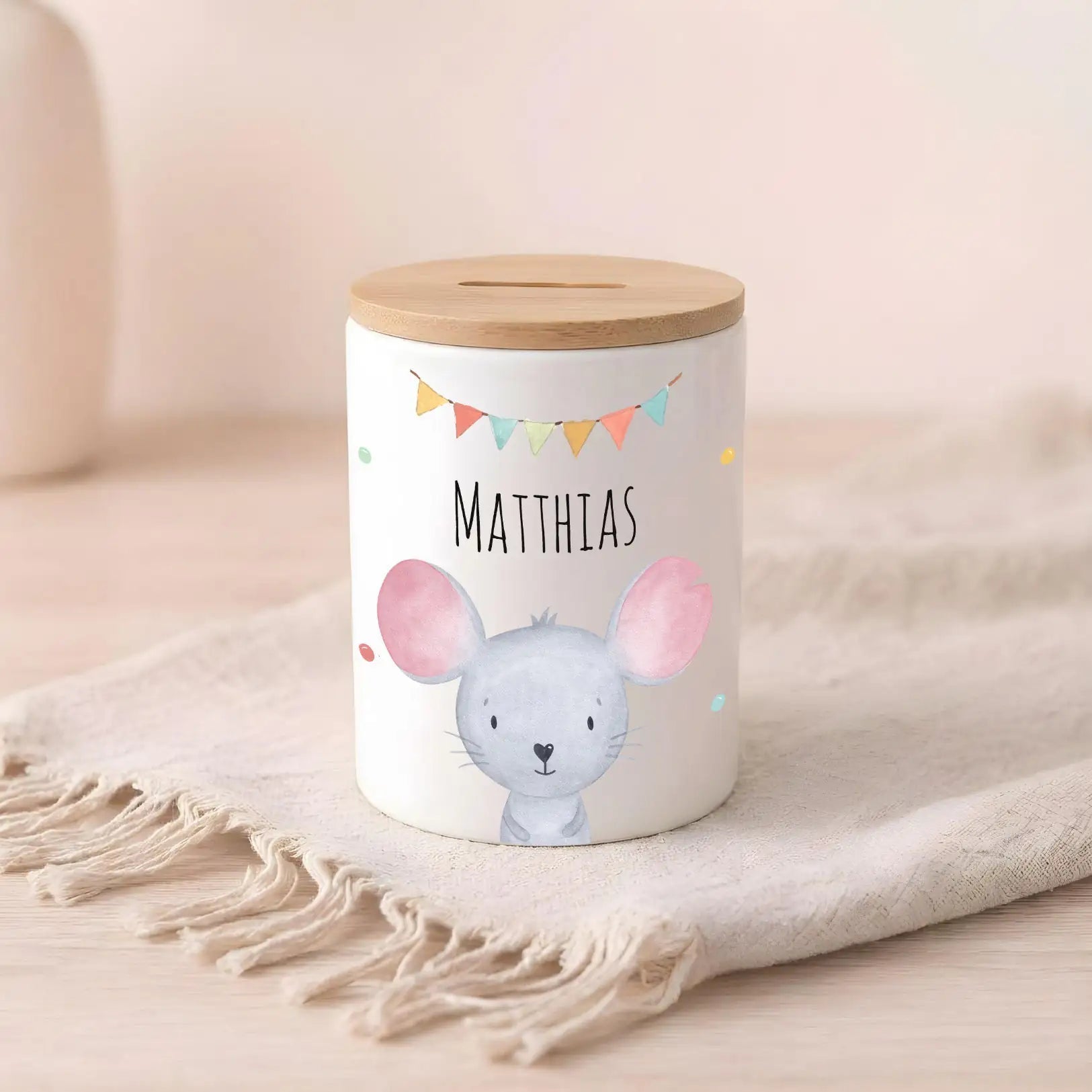 3in 1 Spardose Keramik personalisiert - Tier Girlande Aquarell - wunderwunsch