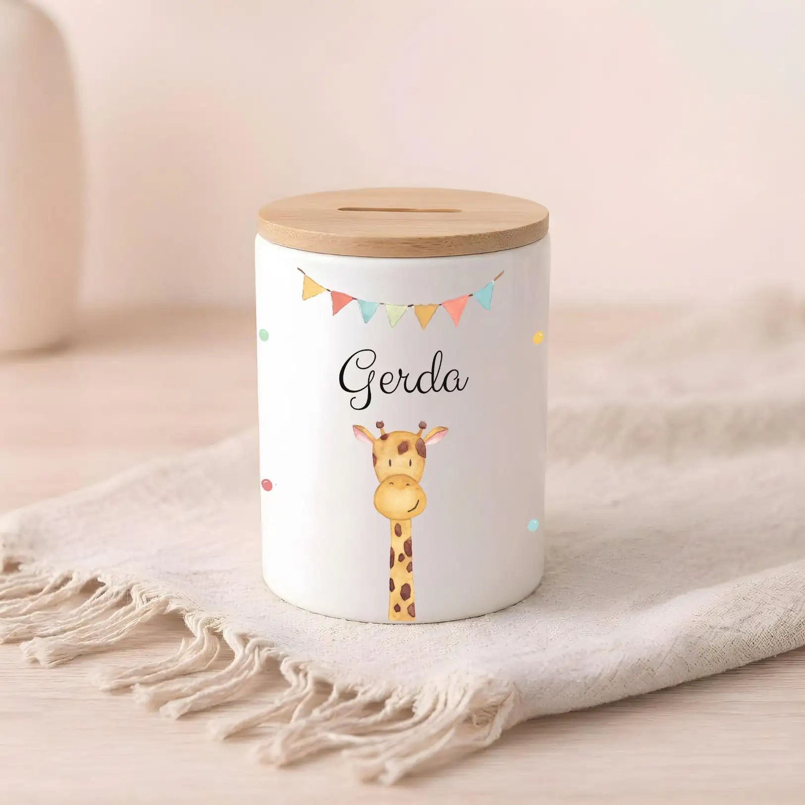 3in 1 Spardose Keramik personalisiert - Tier Girlande Aquarell - wunderwunsch