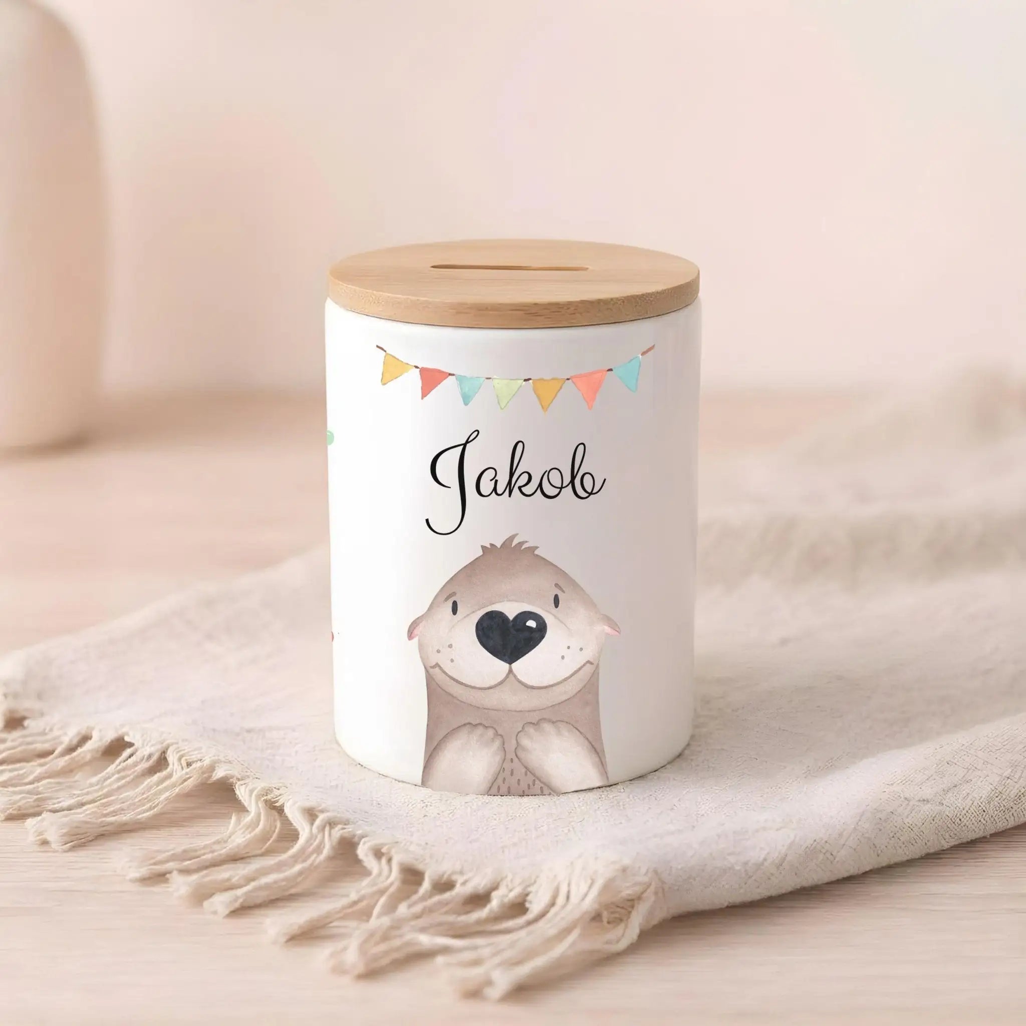 3in 1 Spardose Keramik personalisiert - Tier Girlande Aquarell - wunderwunsch