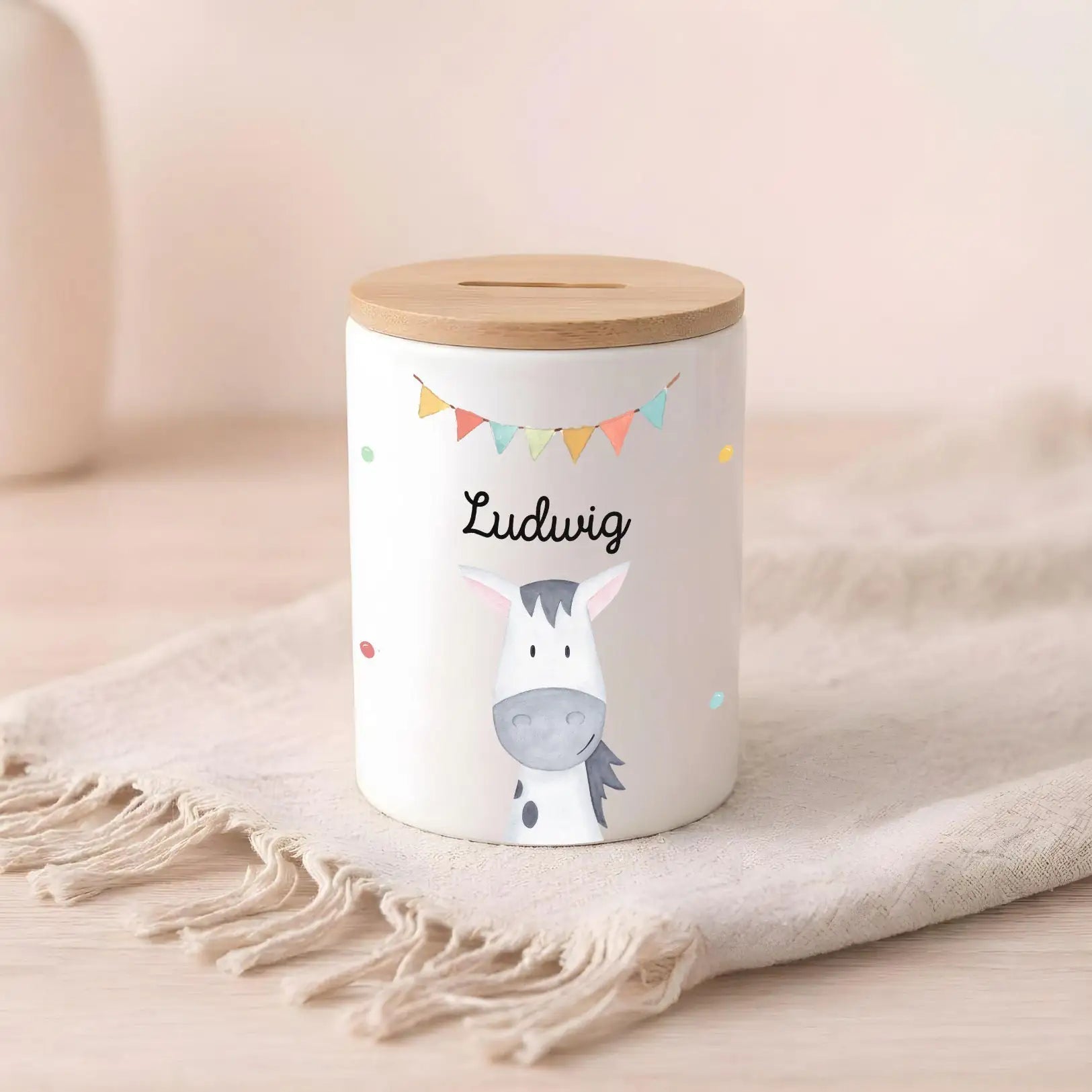 3in 1 Spardose Keramik personalisiert - Tier Girlande Aquarell - wunderwunsch