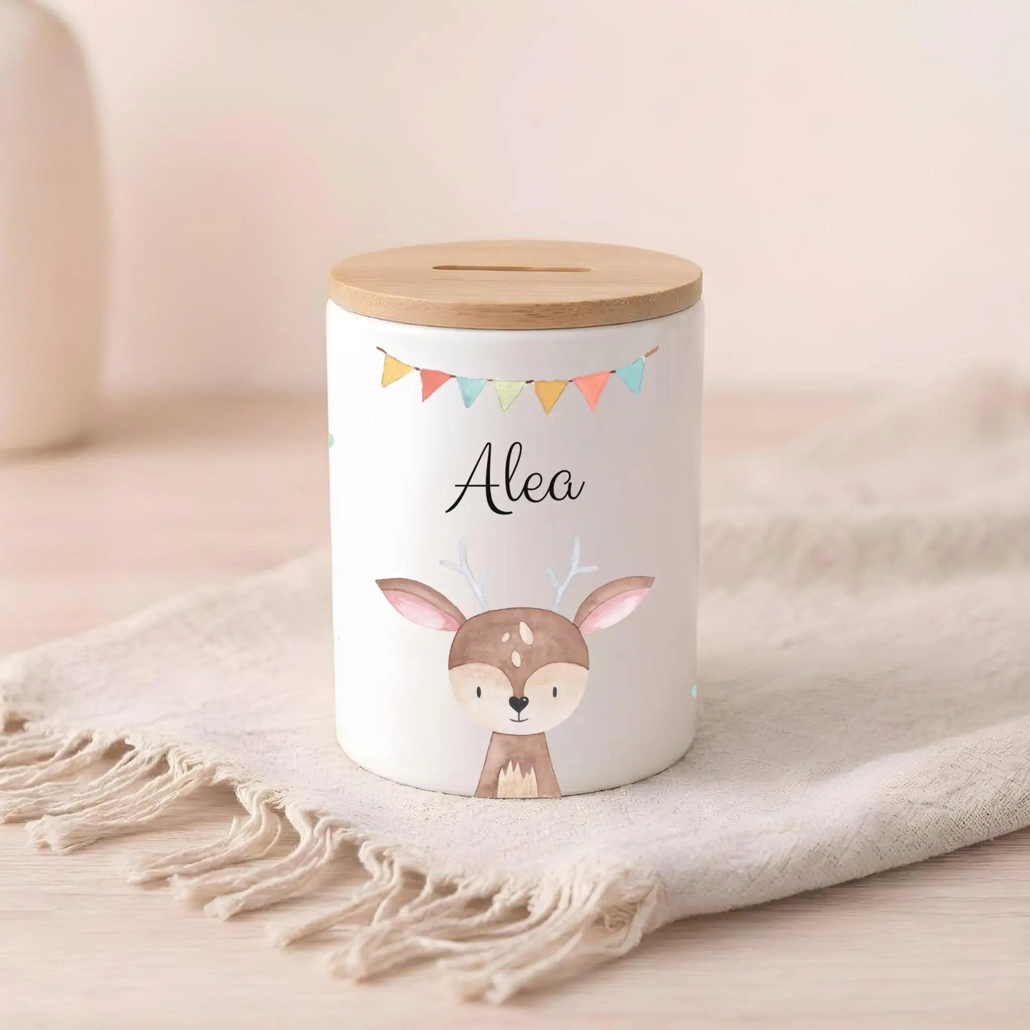 3in 1 Spardose Keramik personalisiert - Tier Girlande Aquarell - wunderwunsch
