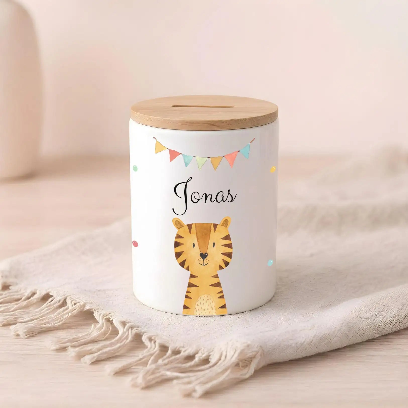 3in 1 Spardose Keramik personalisiert - Tier Girlande Aquarell - wunderwunsch