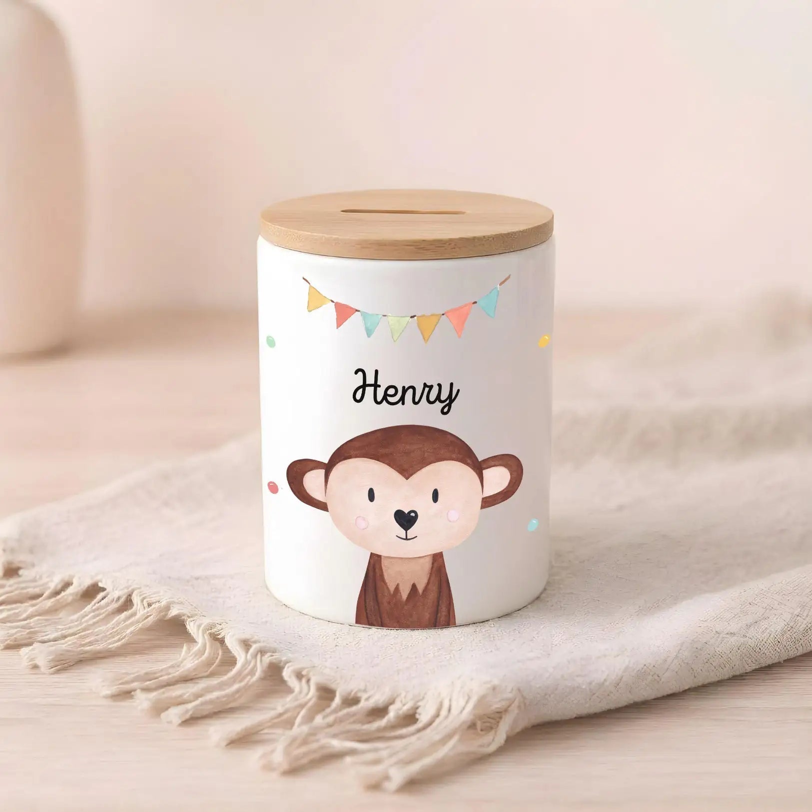 3in 1 Spardose Keramik personalisiert - Tier Girlande Aquarell - wunderwunsch
