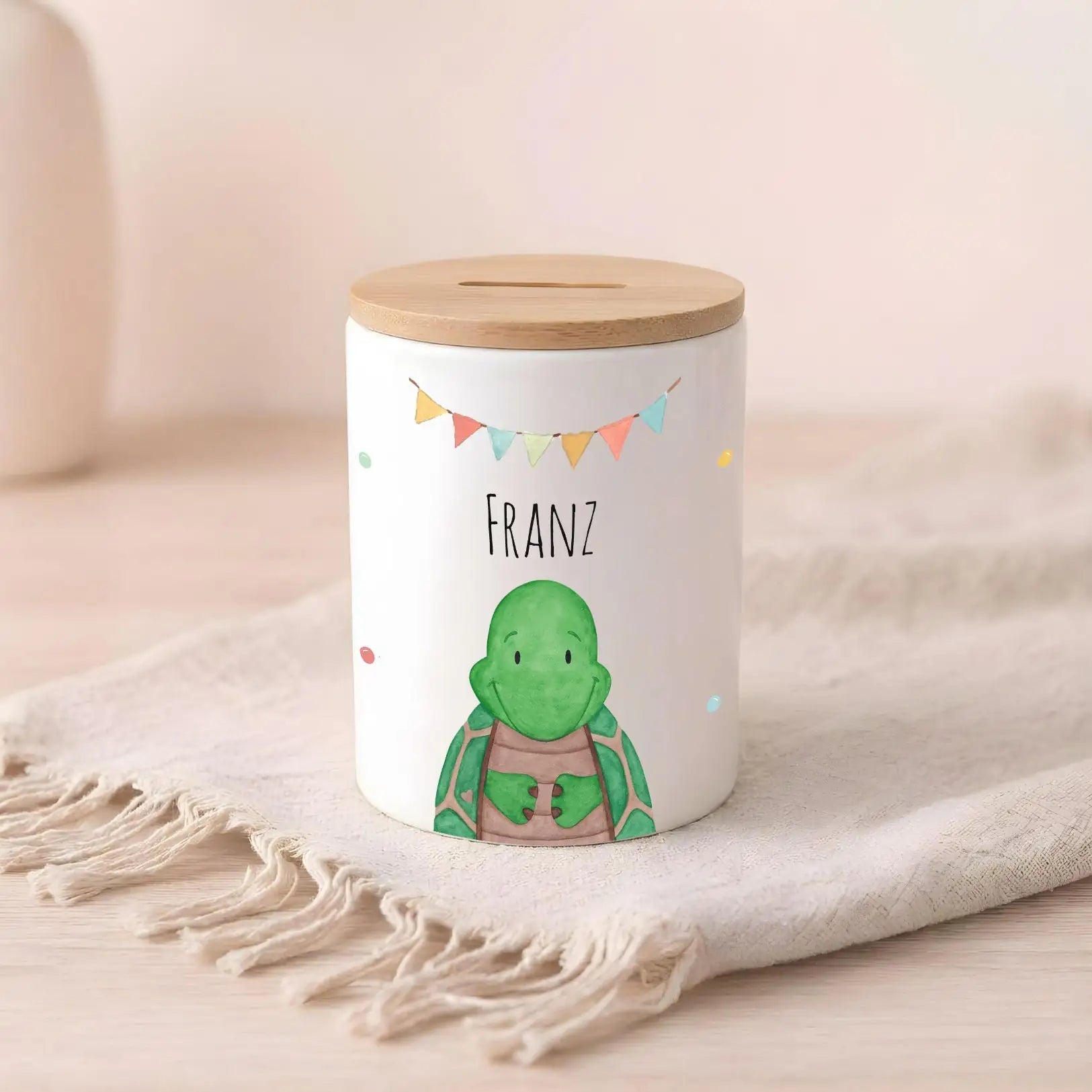 3in 1 Spardose Keramik personalisiert - Tier Girlande Aquarell - wunderwunsch