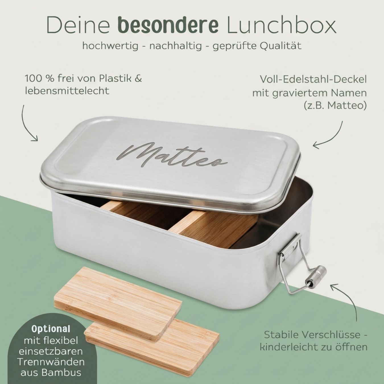 Brotdose Volledelstahl silber personalisiert - Name Gravur