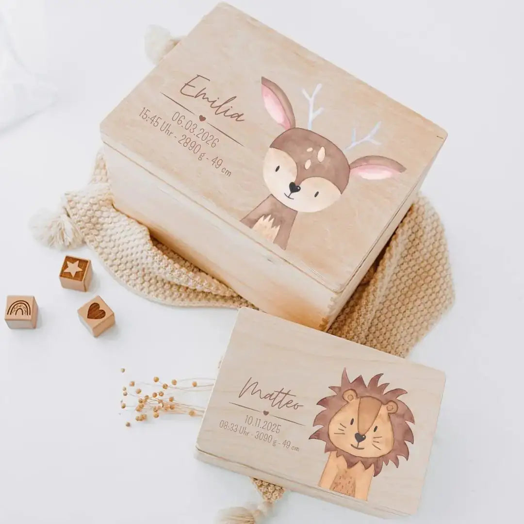 Erinnerungsbox Holz mit Wunschdaten – Tier Aquarell Erinnerungskiste -  wunderwunsch