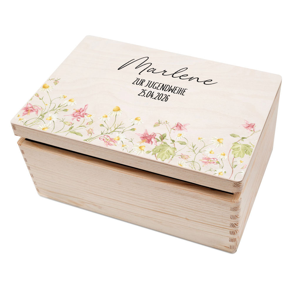 Erinnerungsbox Holz "Zur Jugendweihe" mit Wunschdaten - Blumen Aquarell