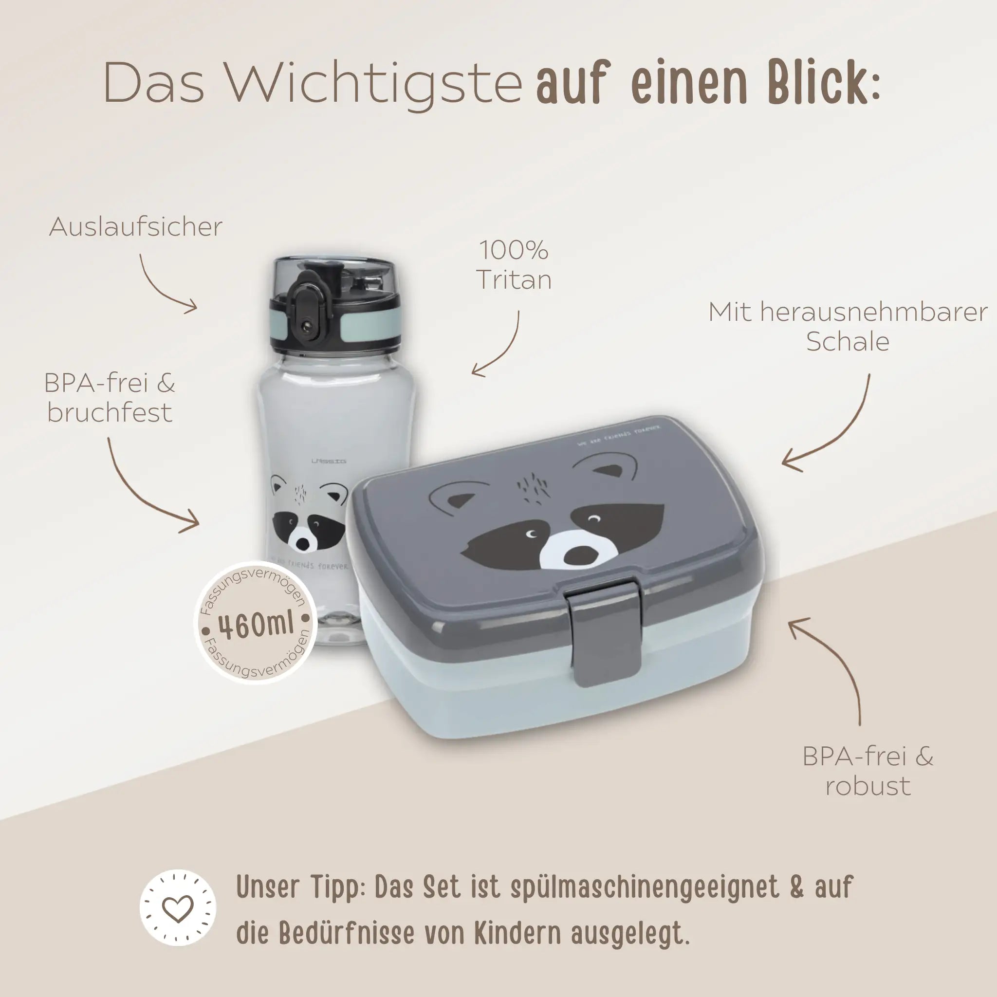 LÄSSIG Set Trinkflasche & Lunchbox - Waschbär Brotdose -  wunderwunsch