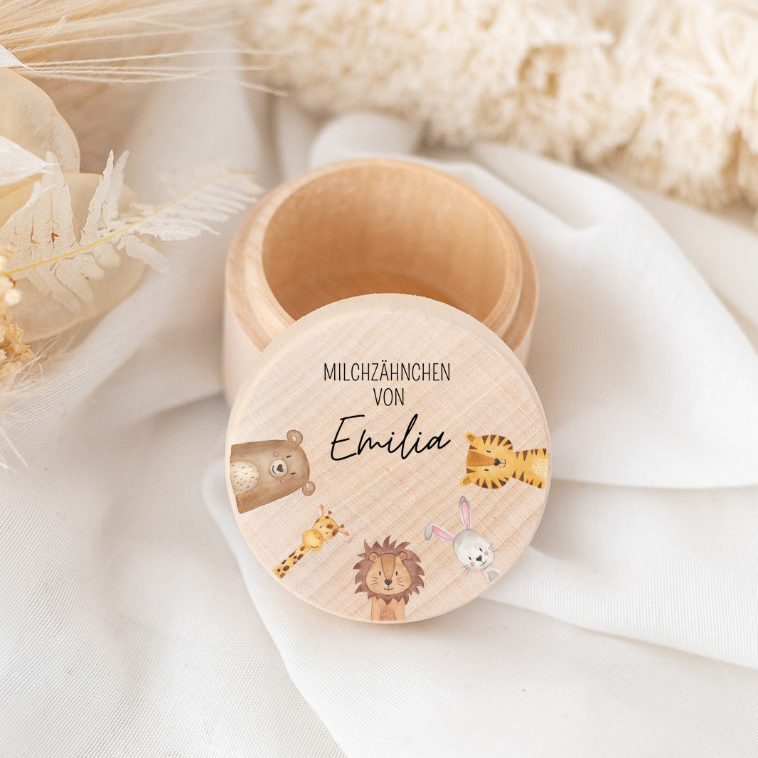 Milchzahndose Holz personalisiert - Tiere und Dinos Aquarell