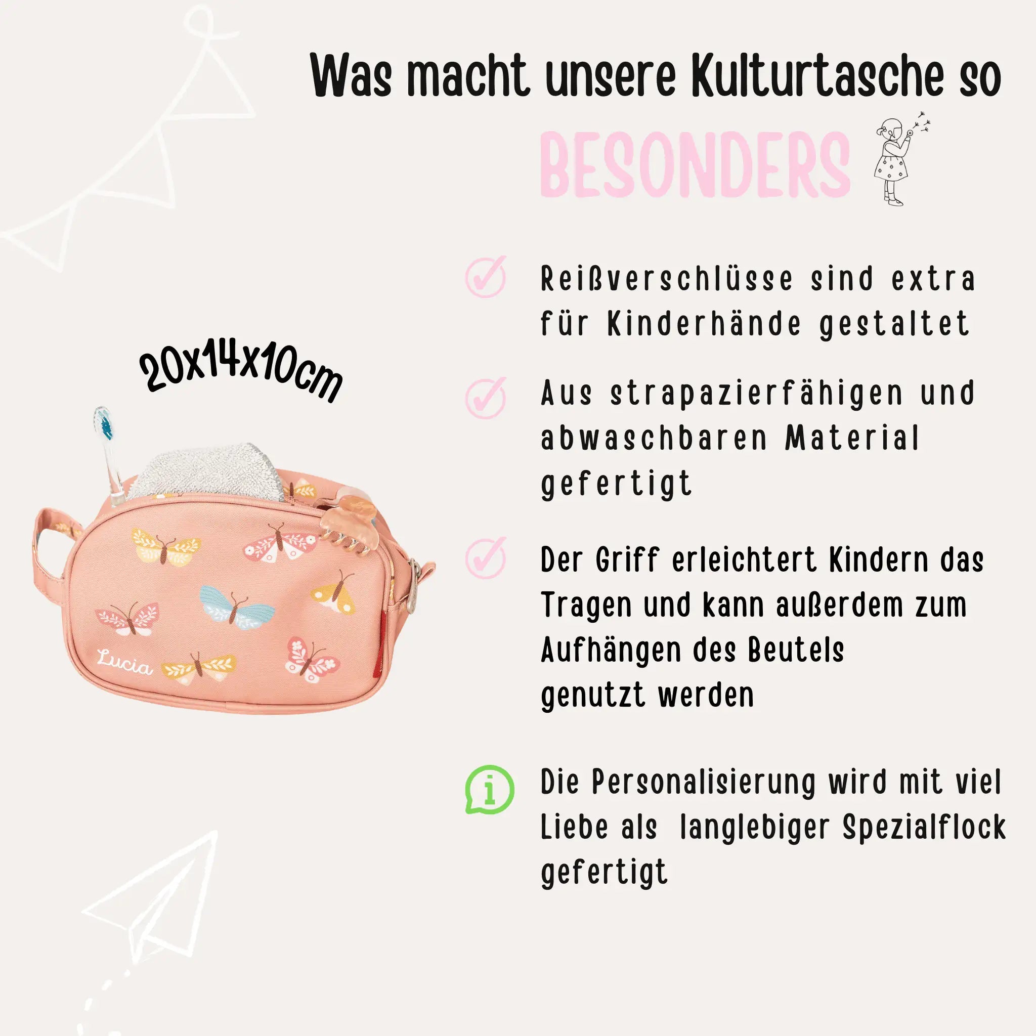 A Little Lovely Company Kulturbeutel Kinder personalisiert - Fuchs, Schmetterling oder Dino - wunderwunsch